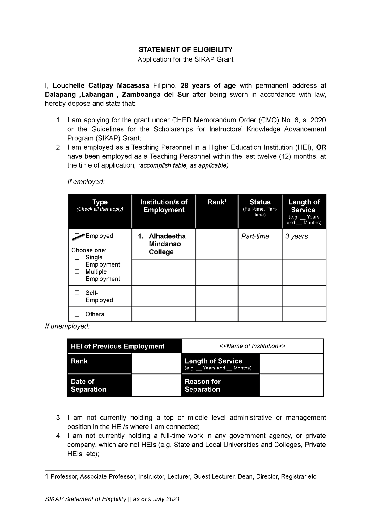 Sikap Statement OF Eligibility - STATEMENT OF ELIGIBILITY Application ...