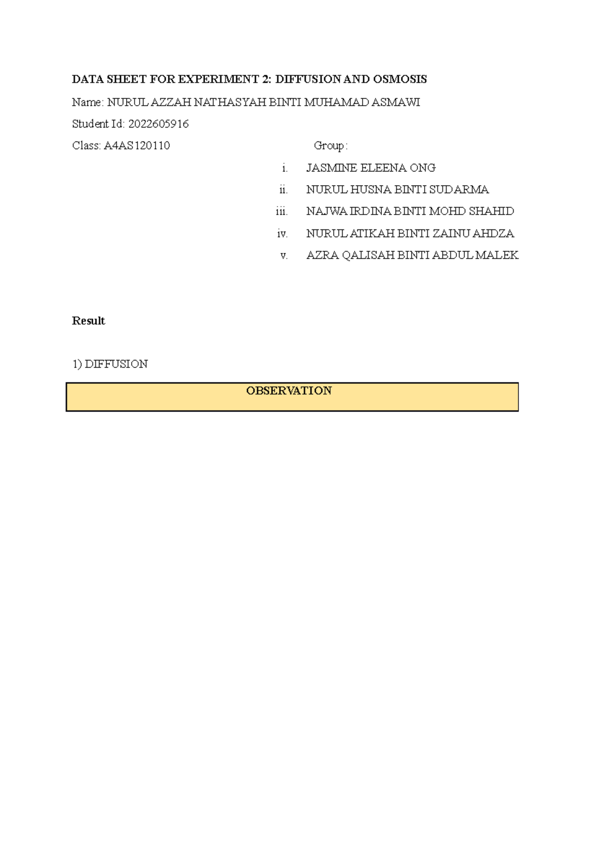 Diffusion AND Osmosis data sheet DATA SHEET FOR EXPERIMENT 2