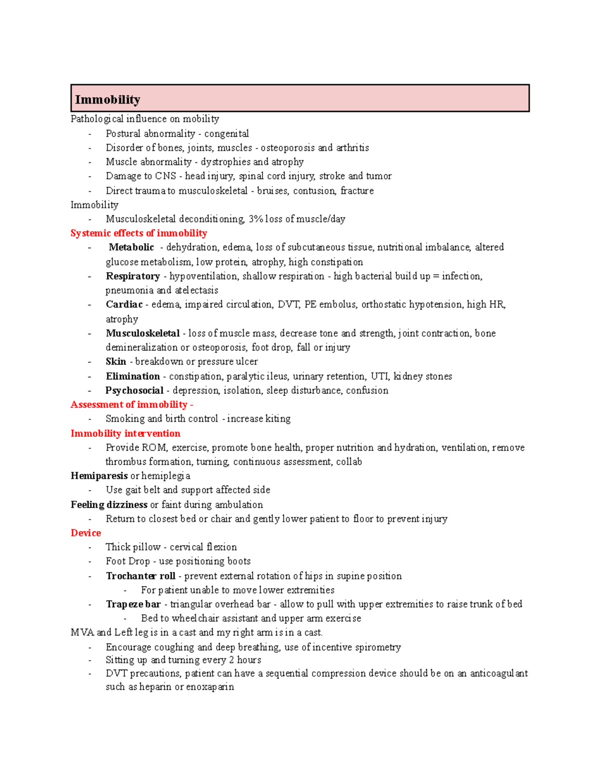 N226 Immobility - Class note - Immobility Pathological influence on ...