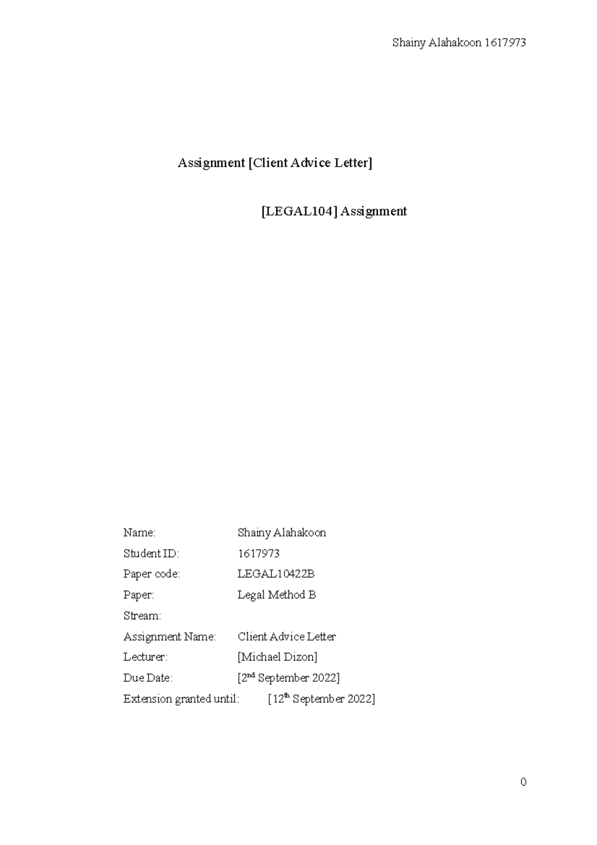Client advice letter - Assignment [Client Advice Letter] [LEGAL104 ...