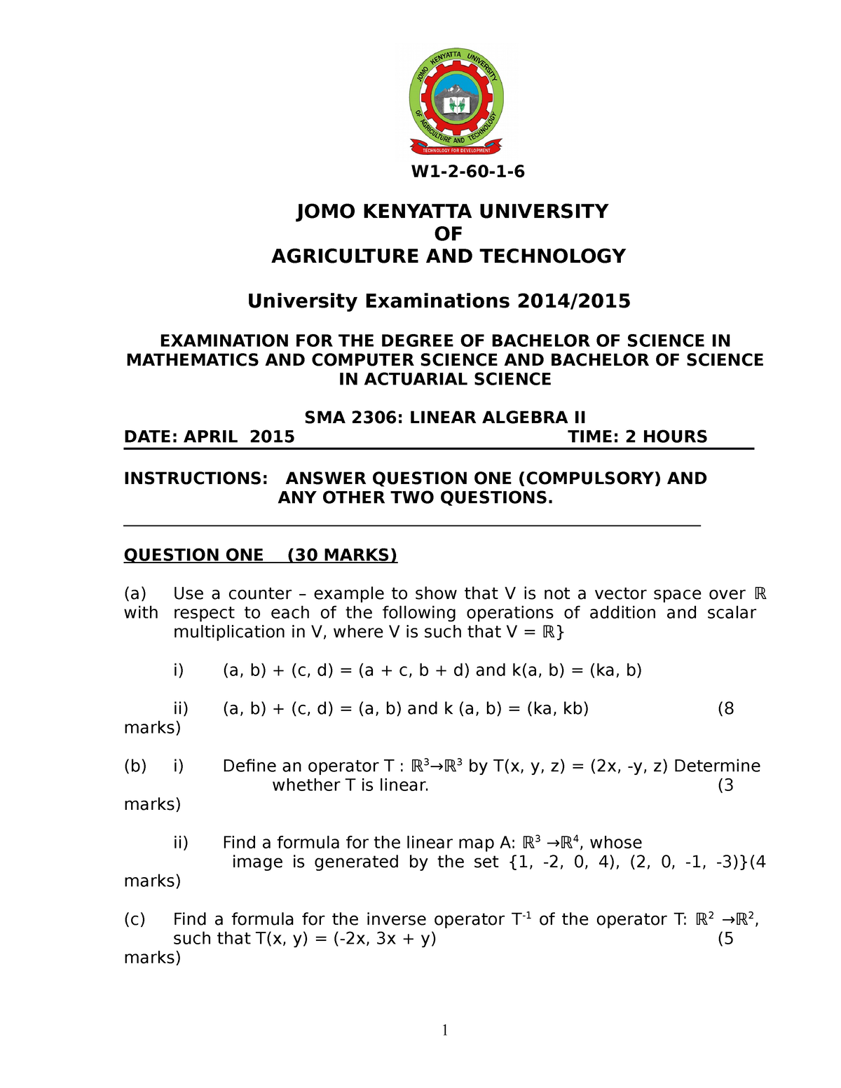 SMA 2306 Linear Algebra II - W1-2-60-1- JOMO KENYATTA UNIVERSITY OF ...