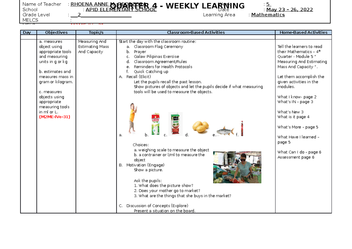 Q4 WHLP WEEK 5 Gr - lesson plan - Day Objectives Topic/s Classroom ...
