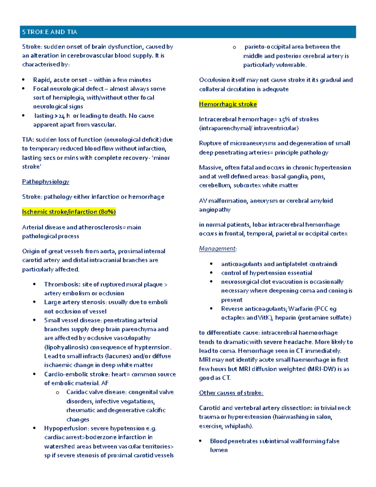 Stroke And Tia Summary Notes Stroke And Tia Stroke Sudden Onset Of Brain Dysfunction