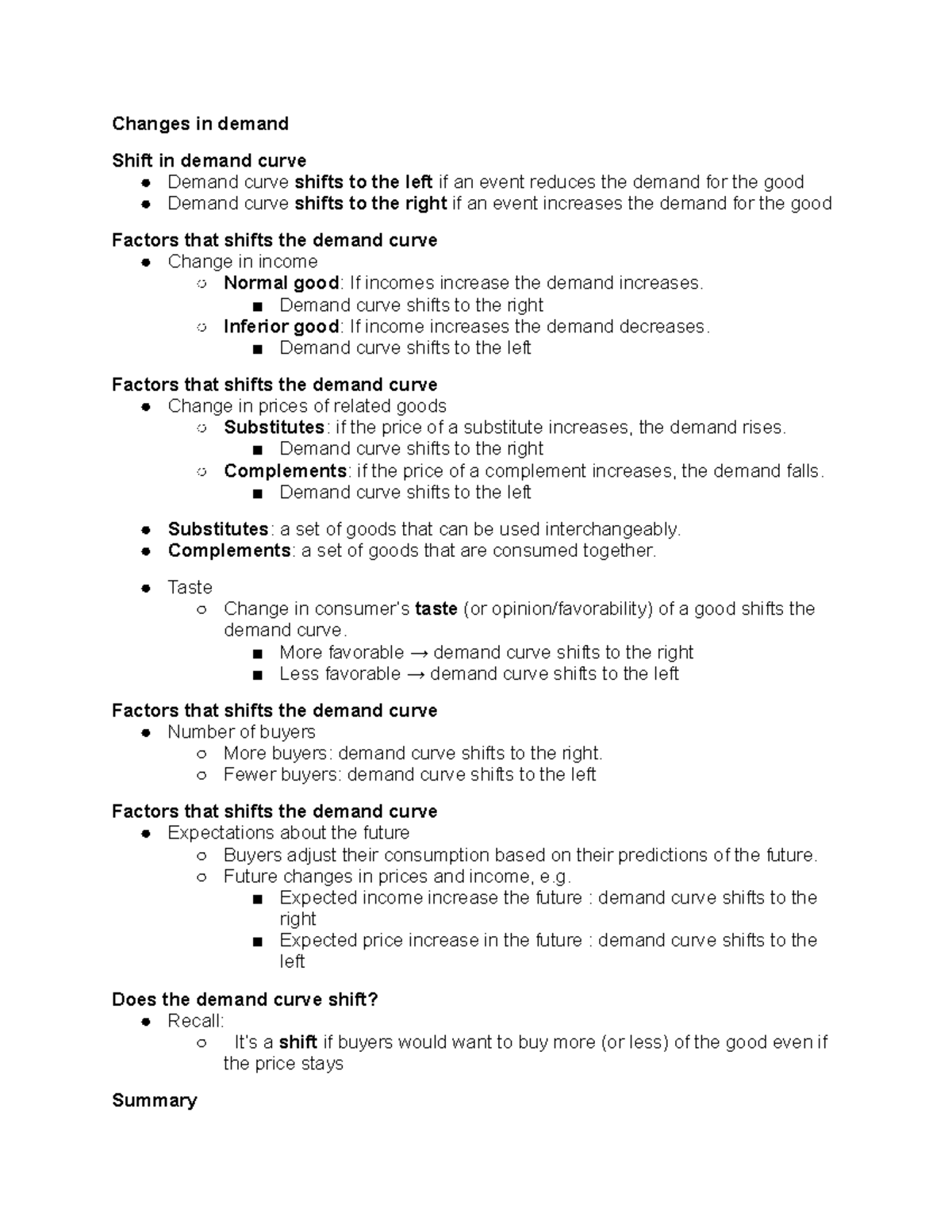 Class Notes #6 2-10-21 - Changes in demand Shift in demand curve Demand ...