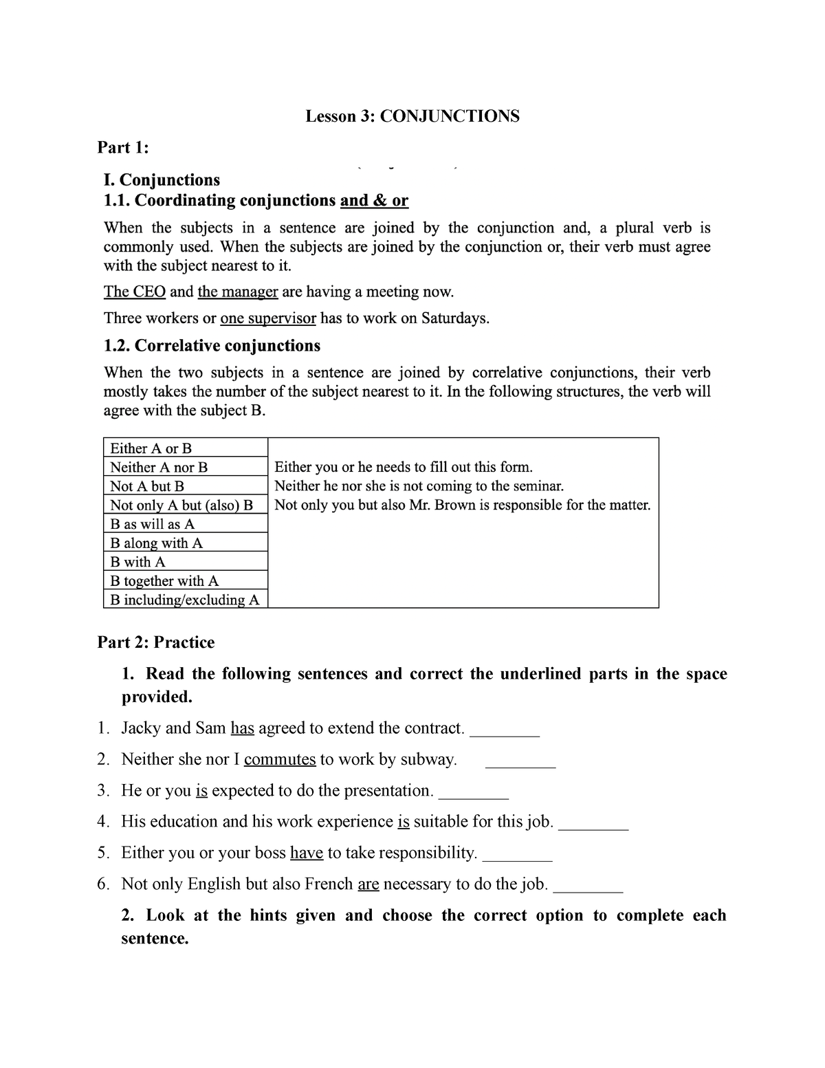 Reading LV1 ENG166 - Lesson 3: CONJUNCTIONS Part 1: Part 2: Practice ...