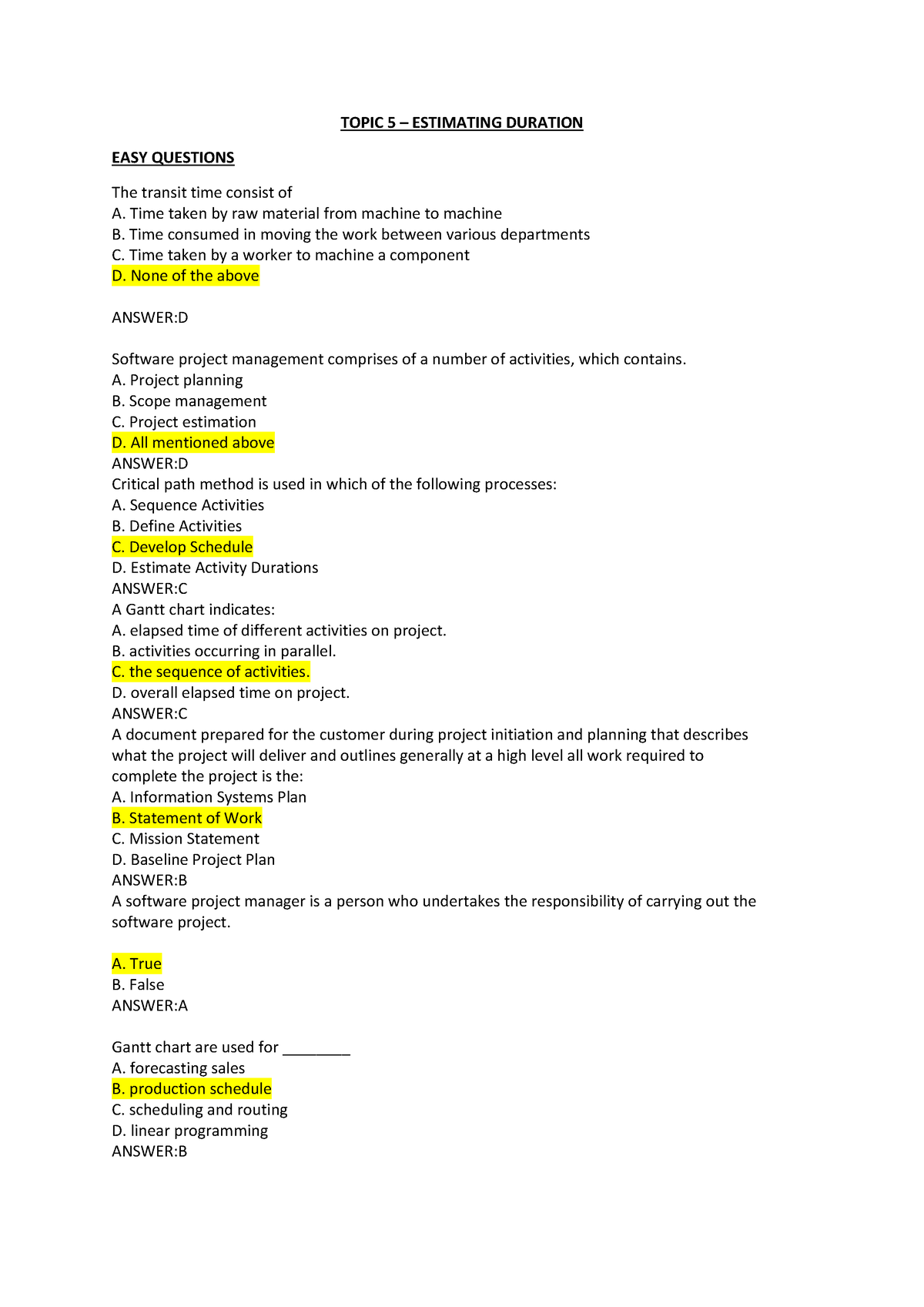 Project Management MCQ - TOPIC 5 – ESTIMATING DURATION EASY QUESTIONS ...