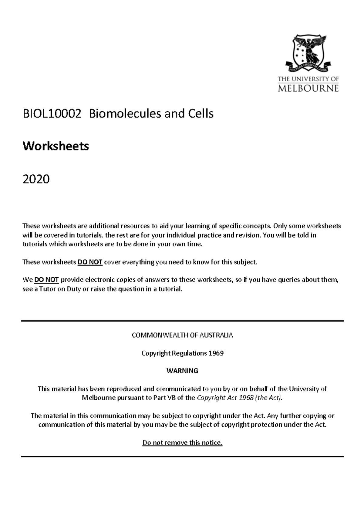 BIOL10002 Tutorial Worksheets 2020 - BIOL10002 Biomolecules And Cells ...