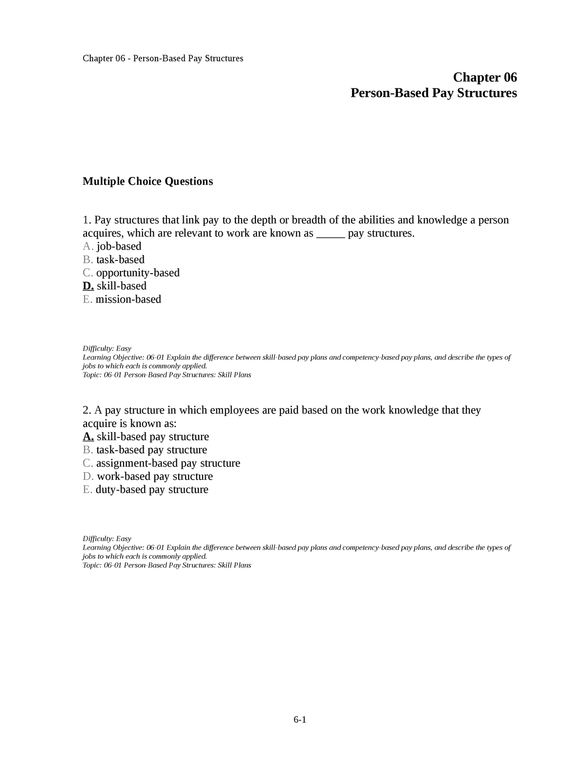 Chap006 - Testbank - Chapter 06 Person-Based Pay Structures Multiple ...