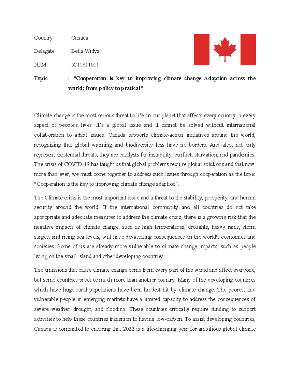 Canada's Position Paper 2 - Country : Canada Delagate : Bella Widya NPM ...