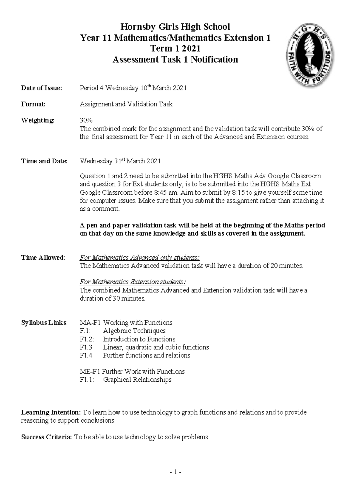 Mathematics and Mathematics Extension 1 Assignment 2021 - Hornsby Girls ...