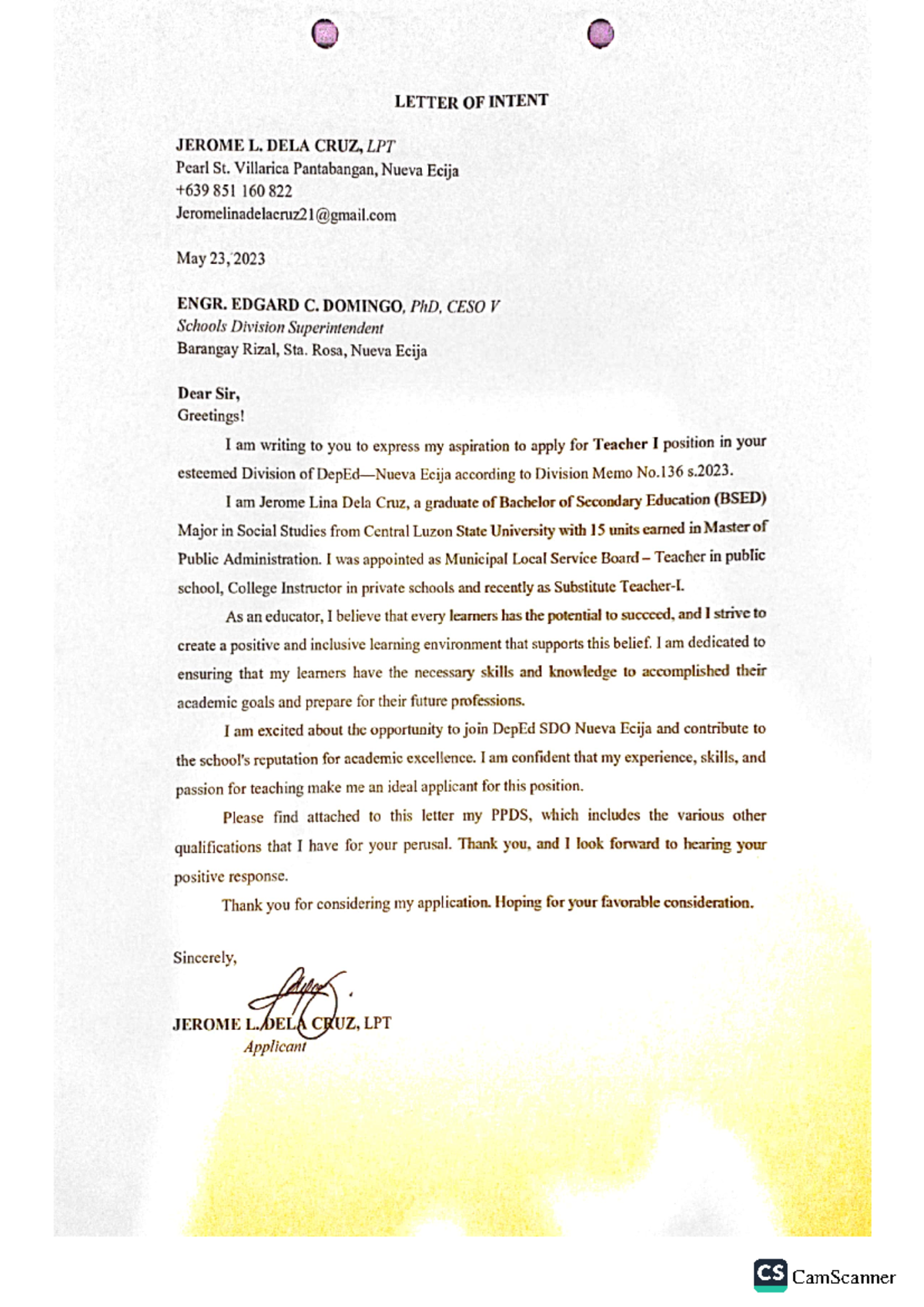 Letter of Intent - heheh - Human Development - CamScanner - Studocu