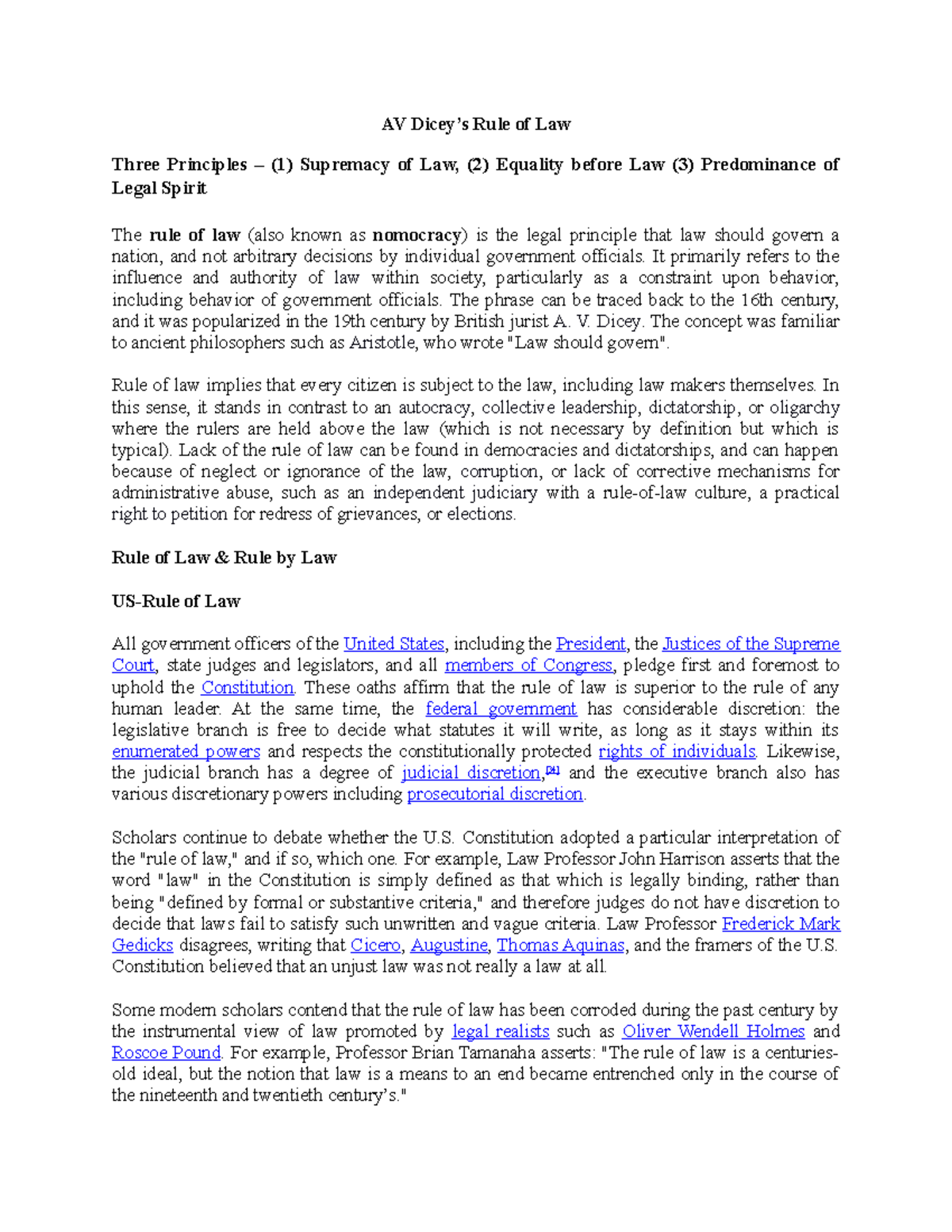 21. Dicey Rule of Law Lecture notes 1 AV Dicey’s Rule of Law Three Principles (1