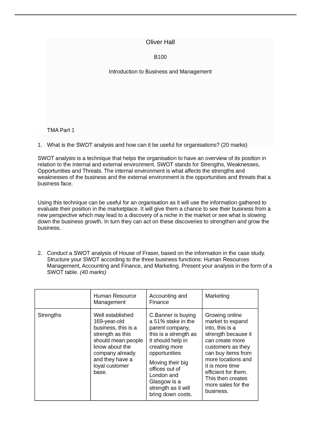 B100 Tma 01 - B100 Tma 01 - Oliver Hall B Introduction To Business And ...