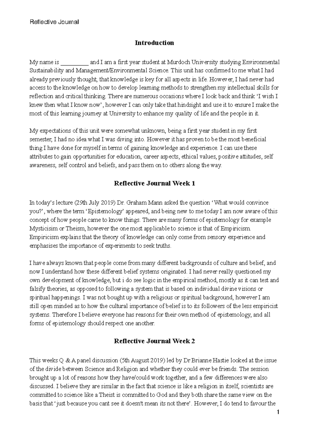BSC150 Reflective Journal - Introduction My name is _________ and I am ...