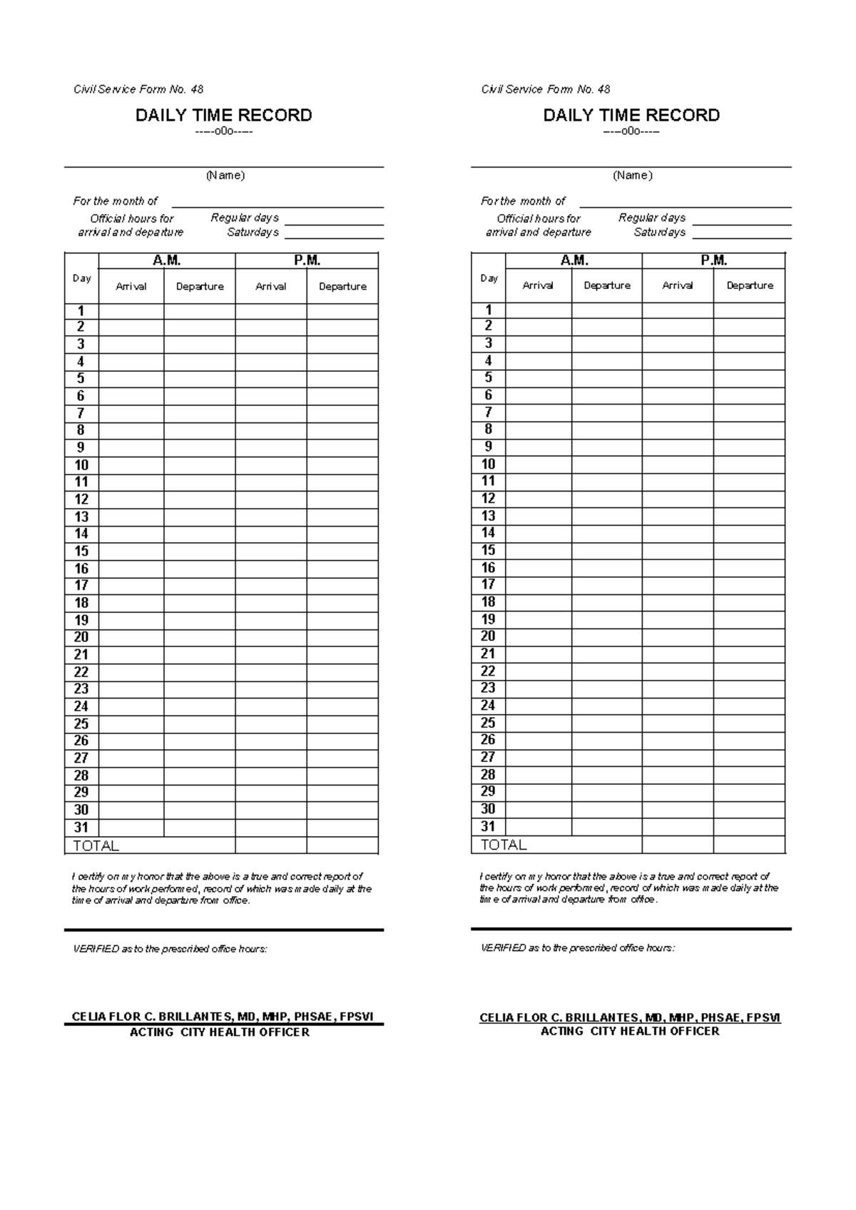 Blank-dtr2 - first sem - Civil Service Form No. 48 DAILY TIME RECORD ...