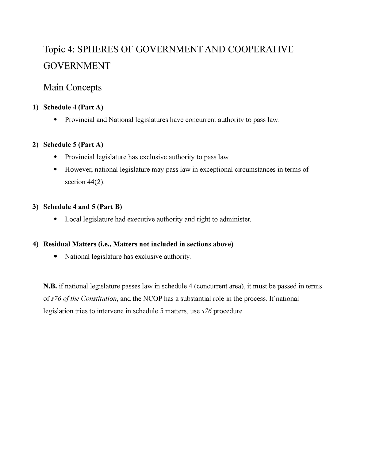 Topic 4 Summary - Topic 4: SPHERES OF GOVERNMENT AND COOPERATIVE ...