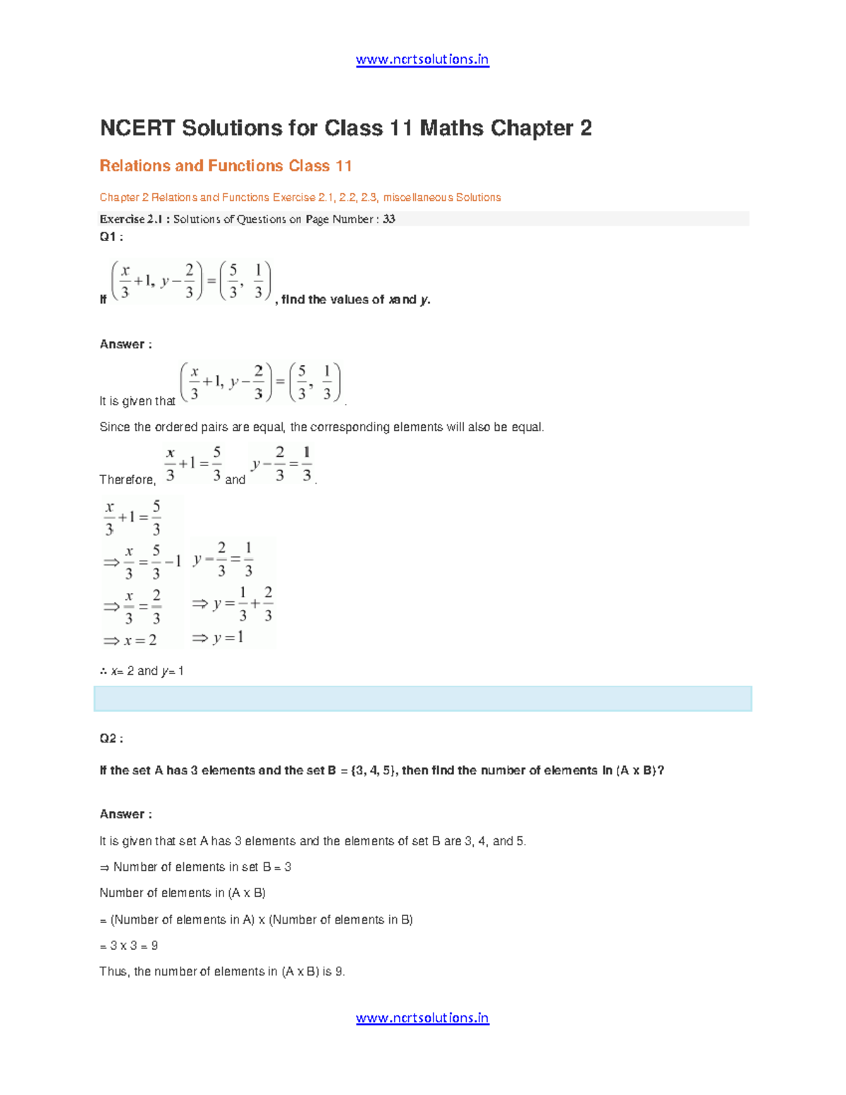 Ch-02 Relations-Functions - NCERT Solutions For Class 11 Maths Chapter ...