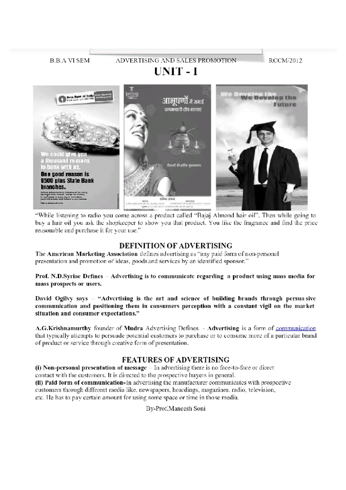 Advertising Notes - B.B VI SEM ADVERTISING AND SALES PROMOTION UNIT I T ...