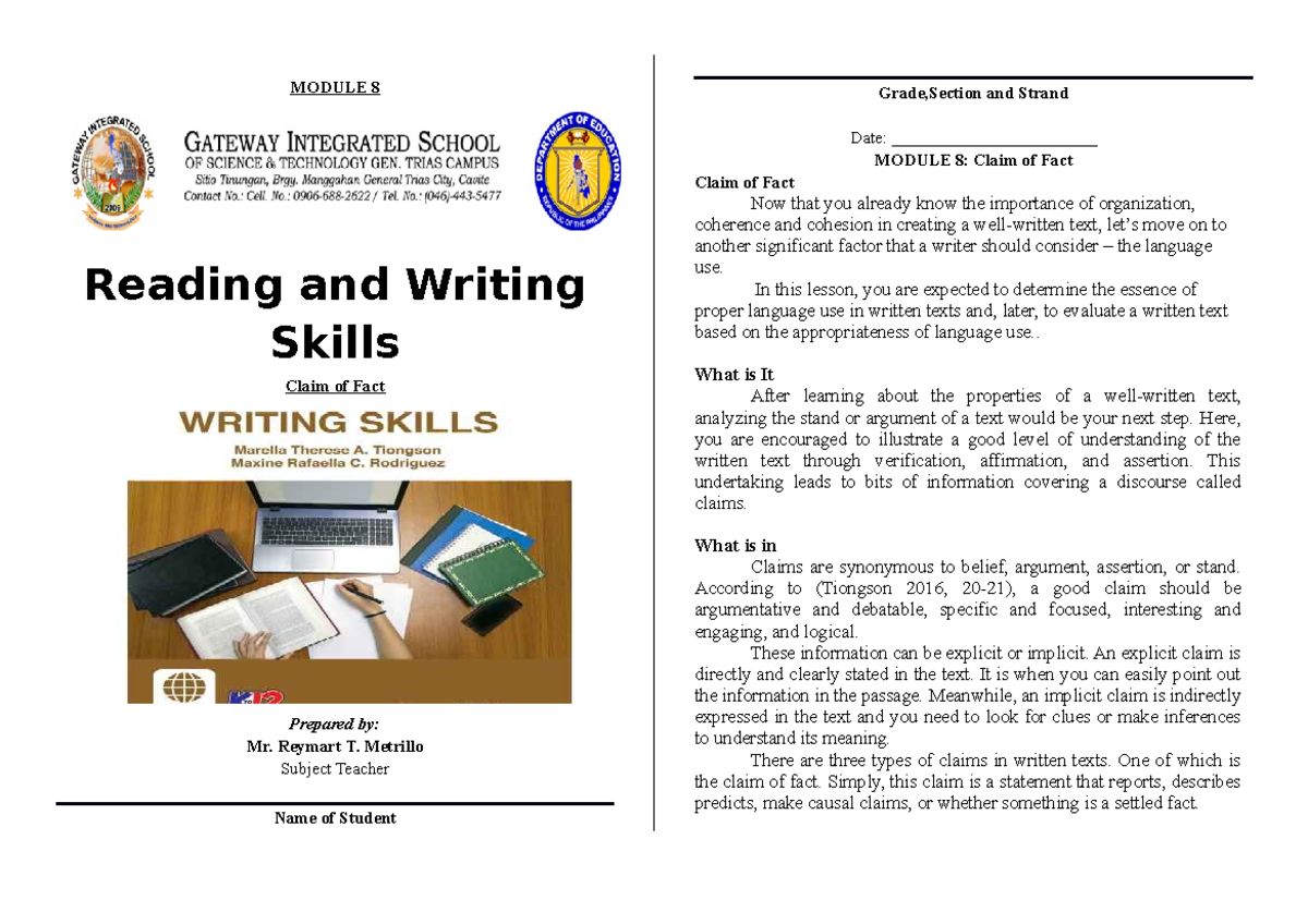 Reading and Writing Skills Module 8/ School Year 20212022/ From