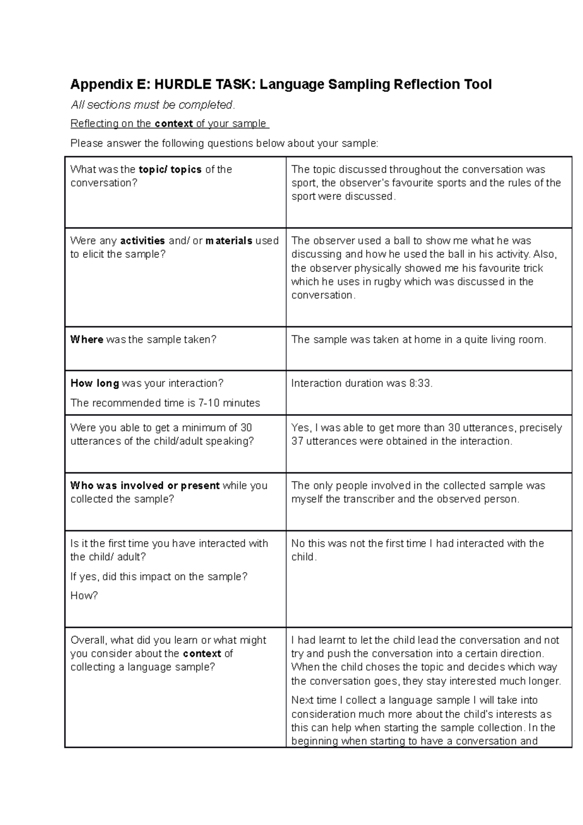 Hurdle task, reflection Appendix E HURDLE TASK Language Sampling