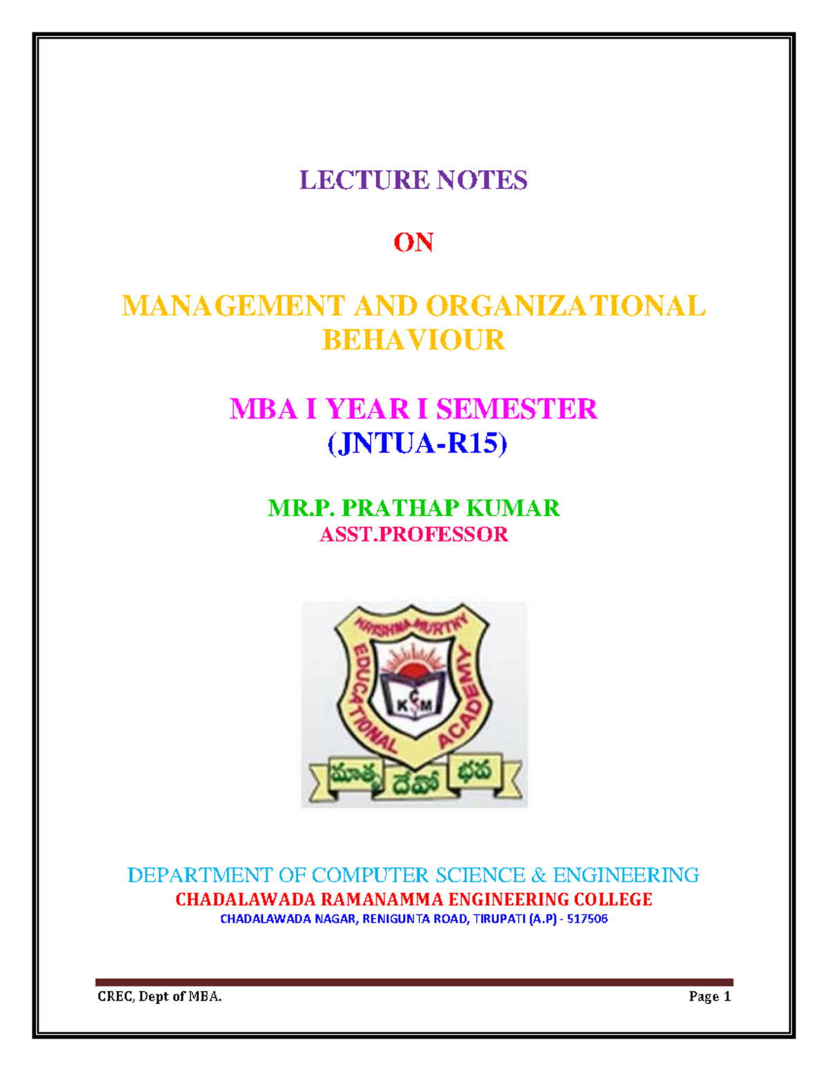 Management Theory And Organisational Behaviour Notes - LECTURE NOTES ON ...