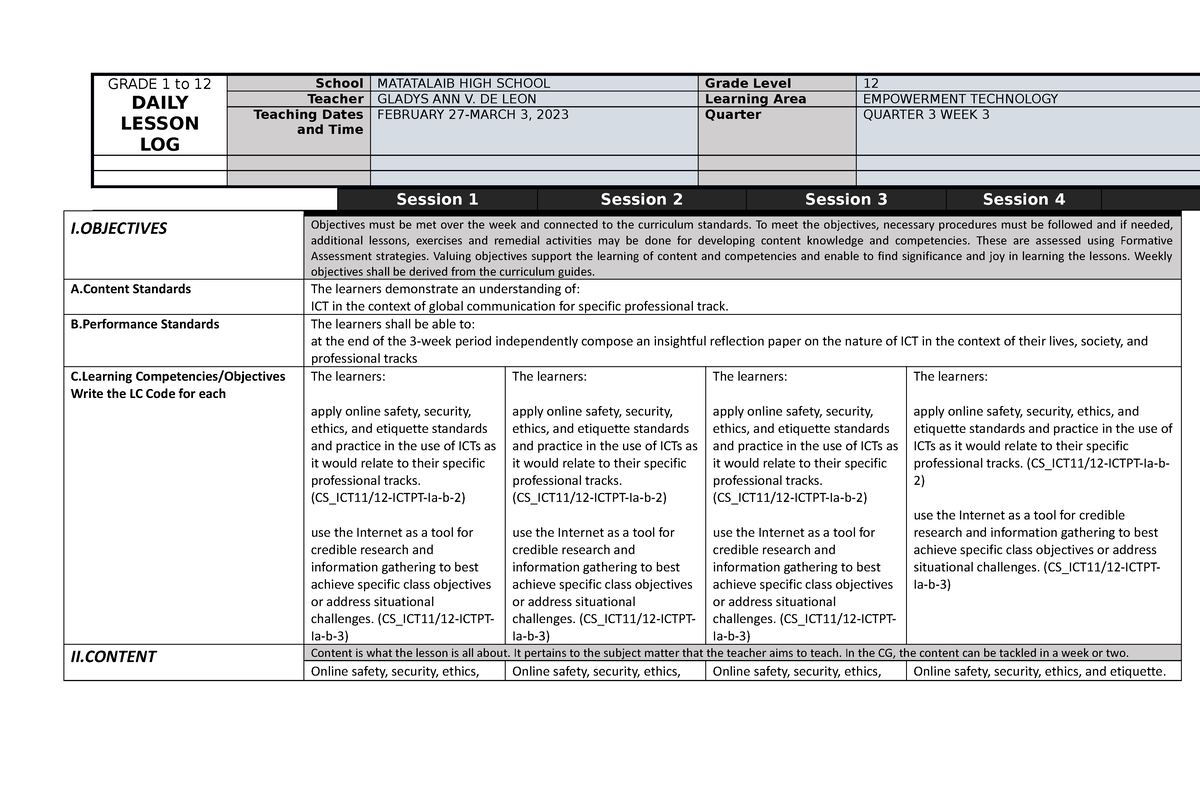 Q1-W3 - DLL - GRADE 1 to 12 DAILY LESSON LOG School MATATALAIB HIGH ...