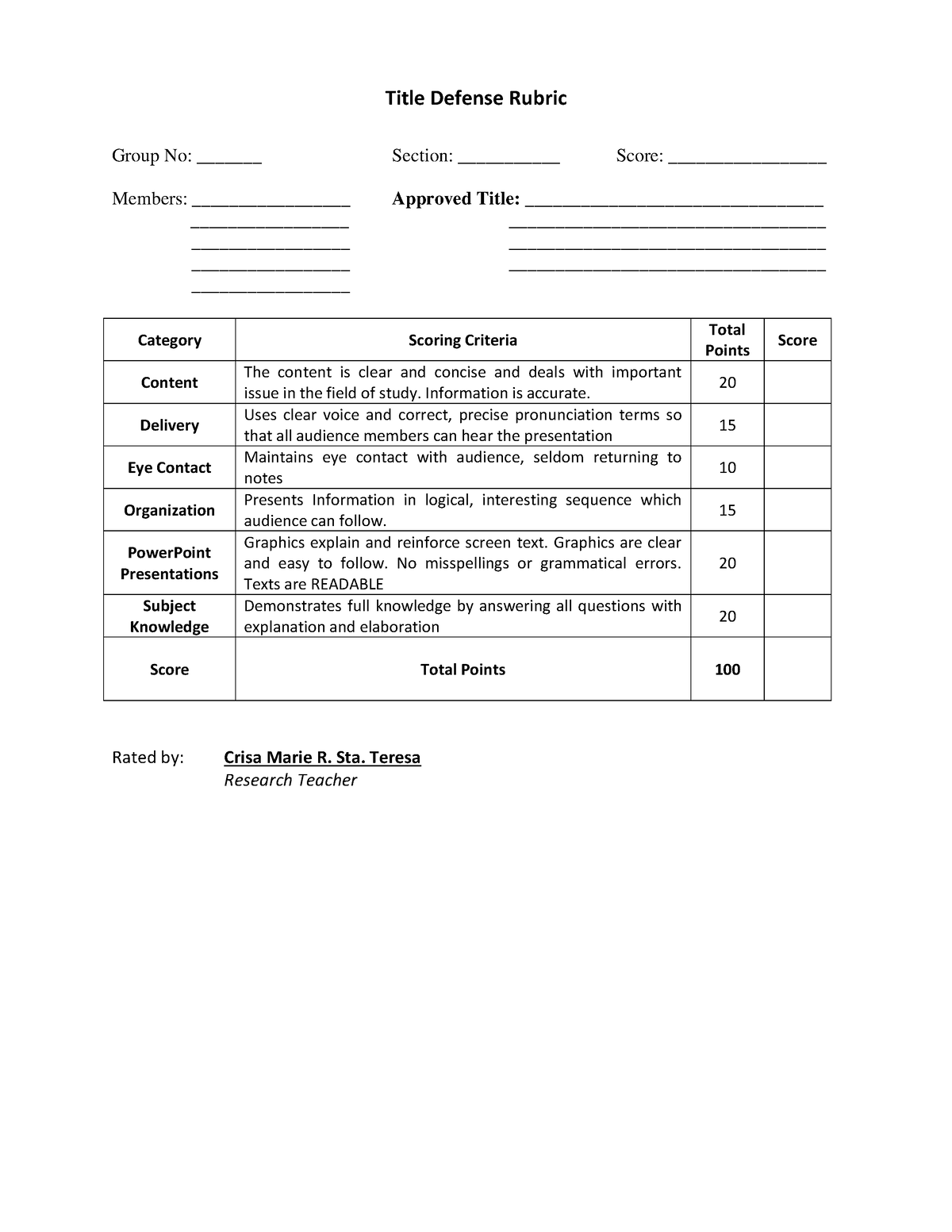 rubric for research proposal defense