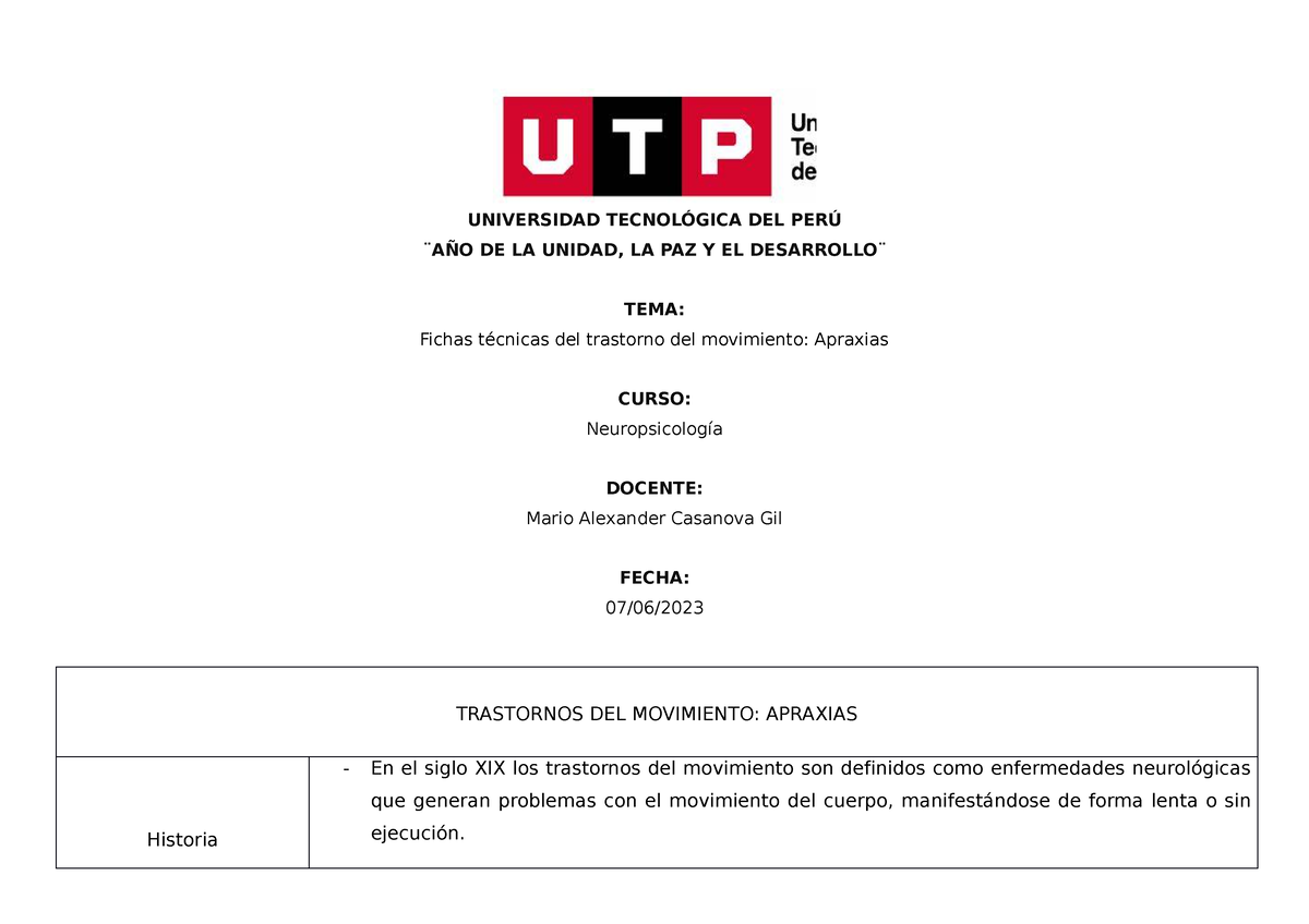 Trastornos Del Movimiento Apraxias Universidad Tecnol Gica Del Per