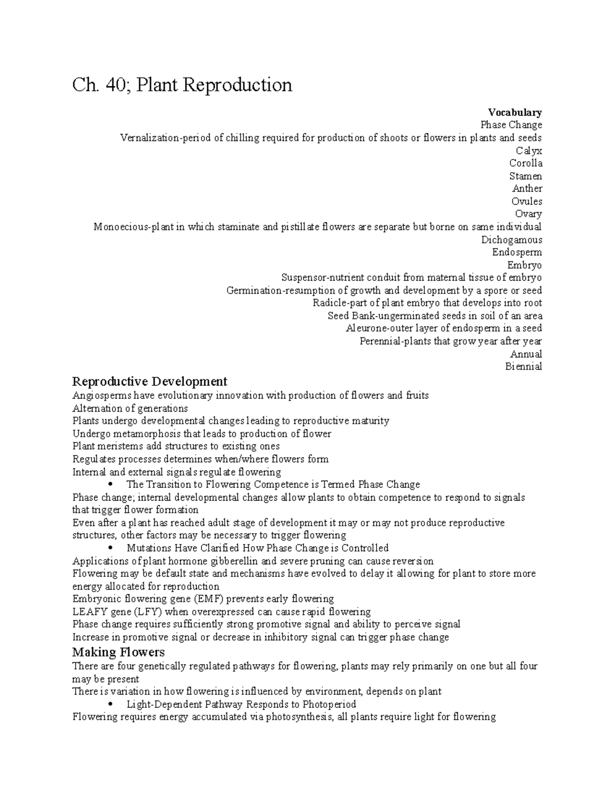 Plant Reproduction Vocabulary List and Chapter Notes Biology Ch. 40; Plant Reproduction