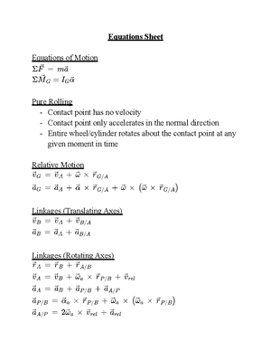 Kinematics & Dynamics: Exam #2 Equation Sheet - Equations Sheet Newton ...