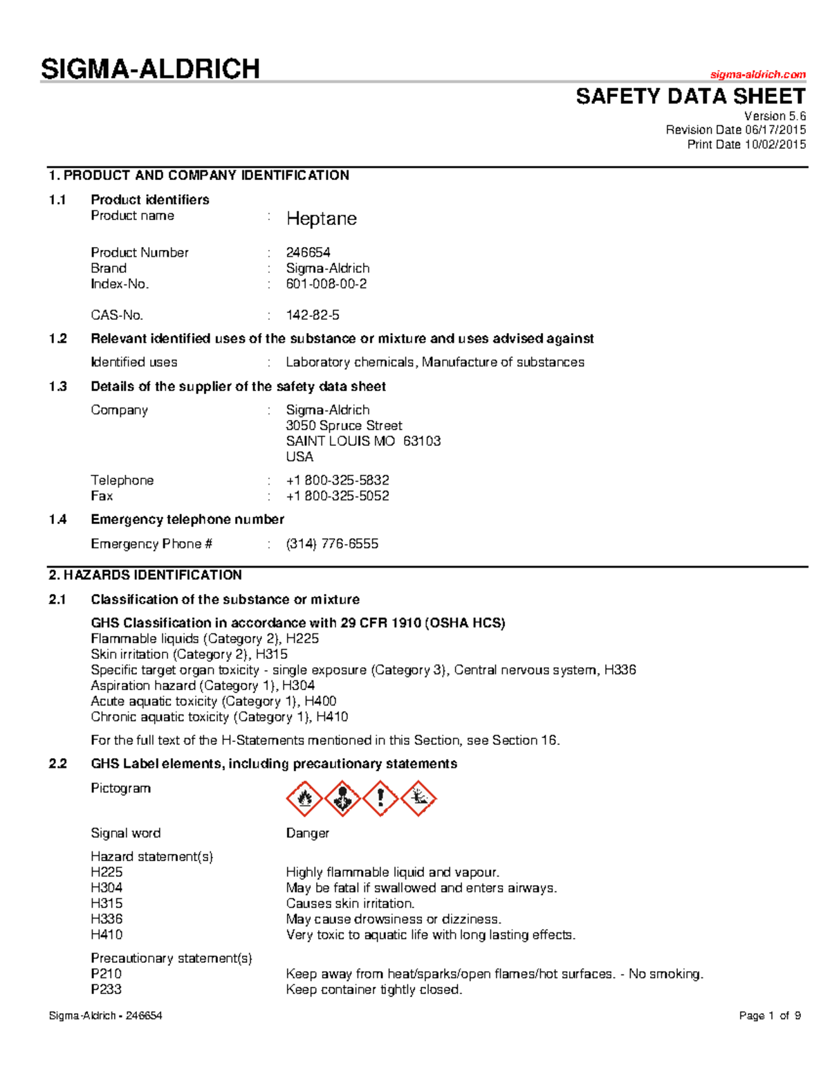 246654 Heptane MSDS - SIGMA-ALDRICH sigma-aldrich SAFETY DATA SHEET