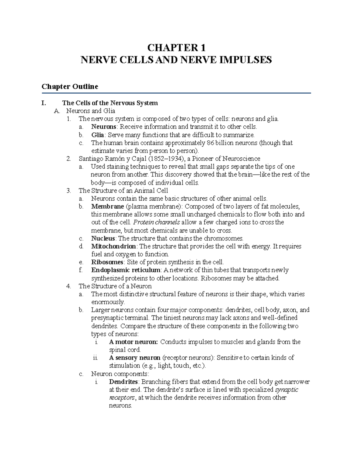 Chapter 1 Outline - CHAPTER 1 NERVE CELLS AND NERVE IMPULSES Chapter ...