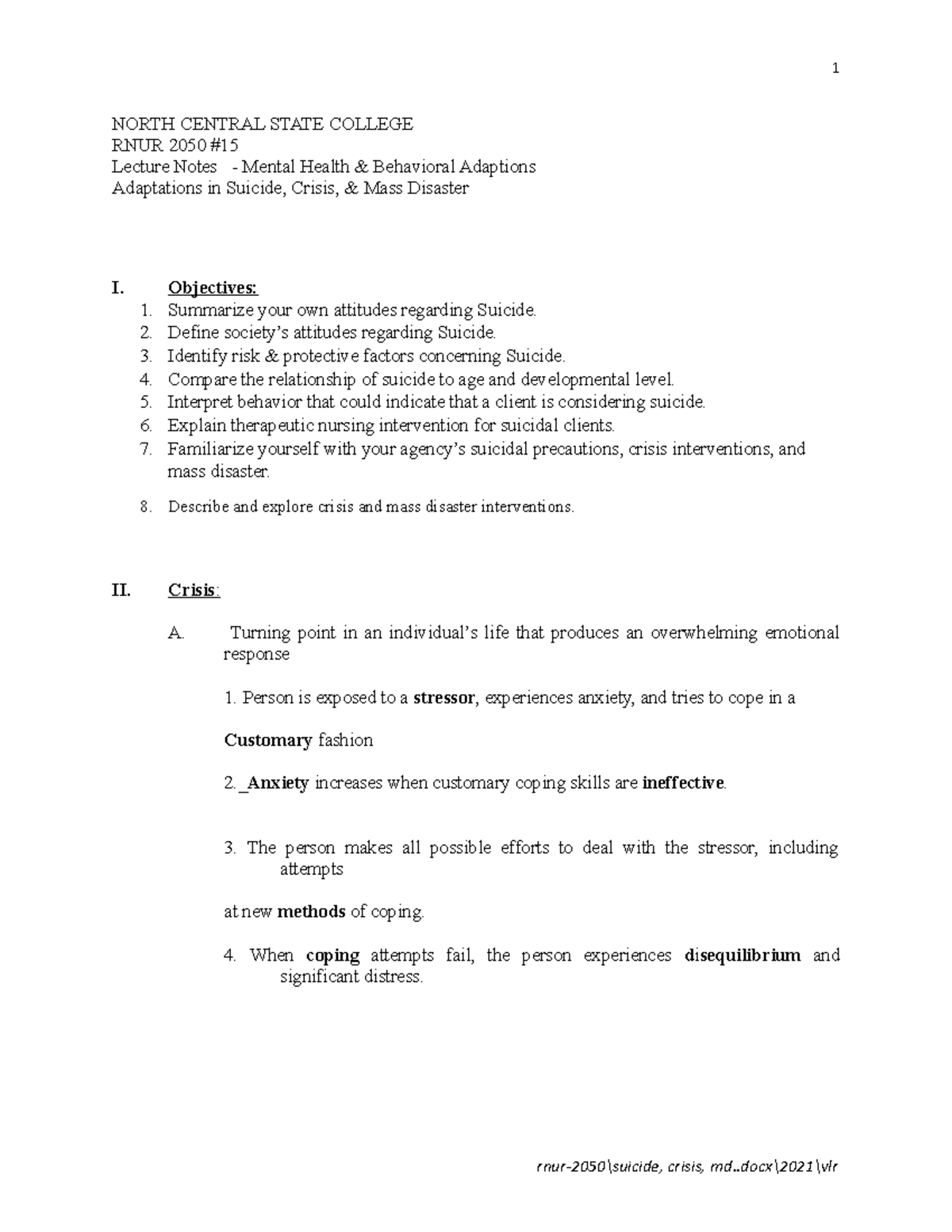 Lecture notes-Suicide;Crisis - NORTH CENTRAL STATE COLLEGE RNUR 2050 ...