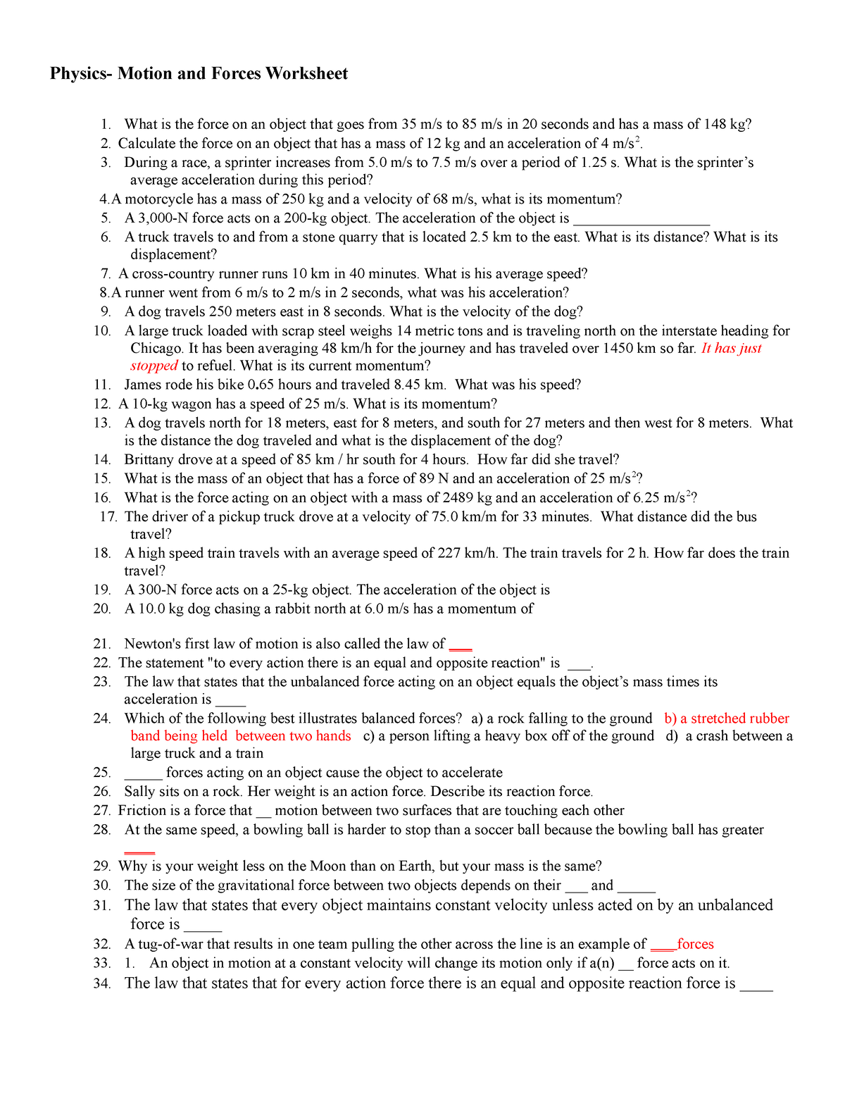 Revision Sheet - Practice Of Kinematics - Physics- Motion And Forces 