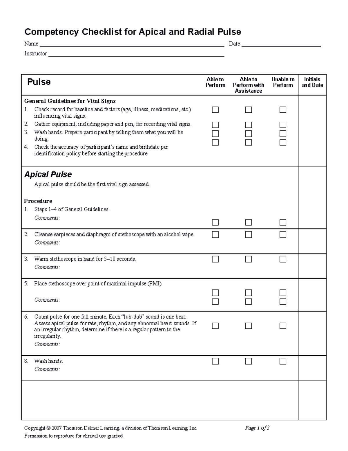 Competency Checklist Apical and Radial Pulse - Competency Checklist for ...