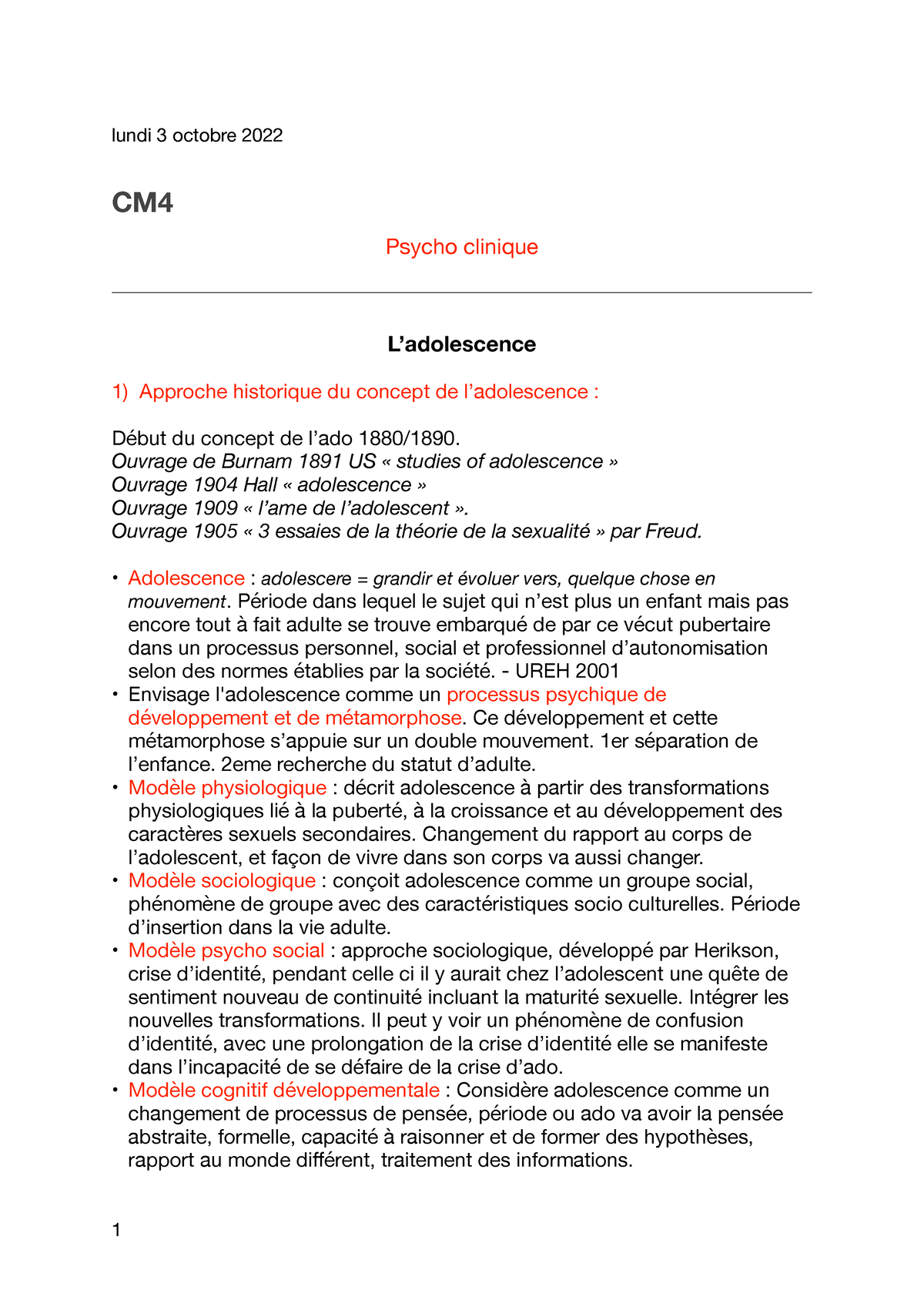 CM4 Psy Cli - CM4 - Lundi 3 Octobre 2022 CM Psycho Clinique L ...