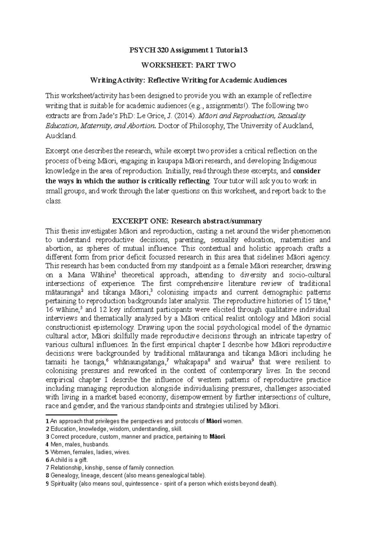 Tutorial 3 Worksheet 2 - Reflective Writing - PSYCH 320 Assignment 1 ...