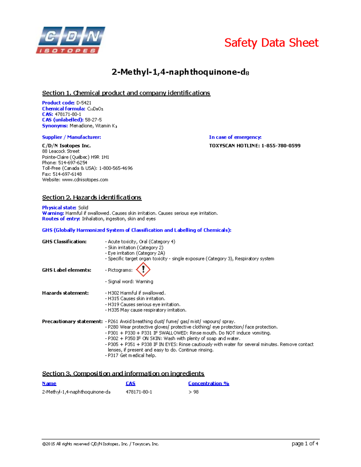2methyl1,4napthoquinone CDN isotopes Safety Data Sheet 2 Methyl