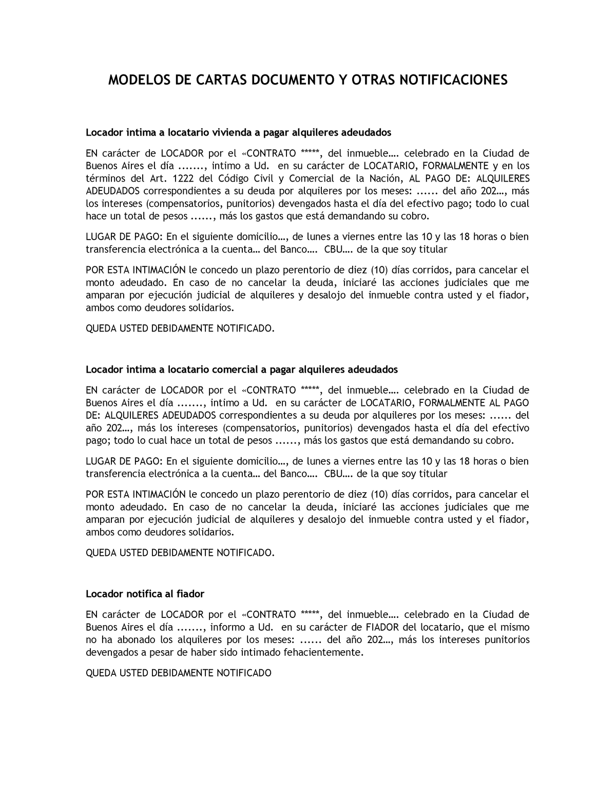 Modelos cartas documento otrasnotificaciones 2 - MODELOS DE CARTAS DOCUMENTO  Y OTRAS NOTIFICACIONES - Studocu
