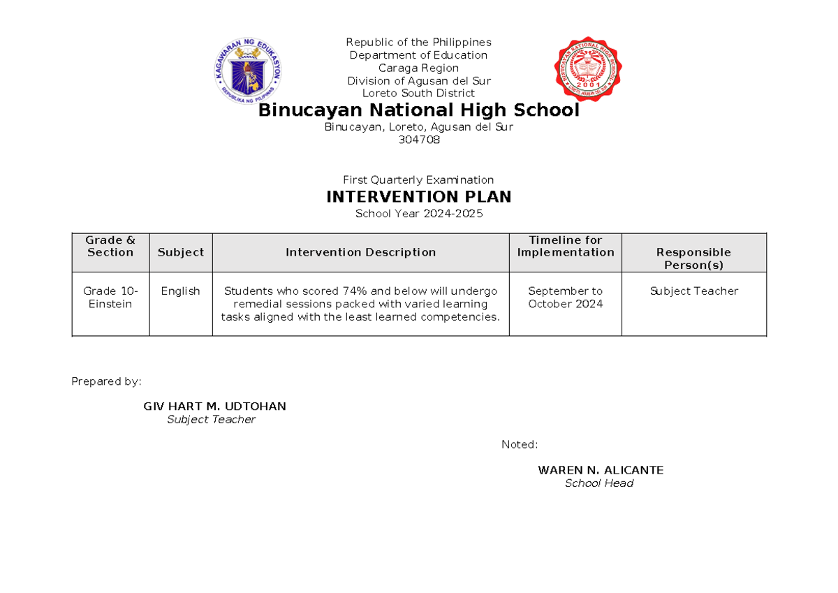 Einstein English-10 Intervention-PLAN S - Republic of the Philippines ...
