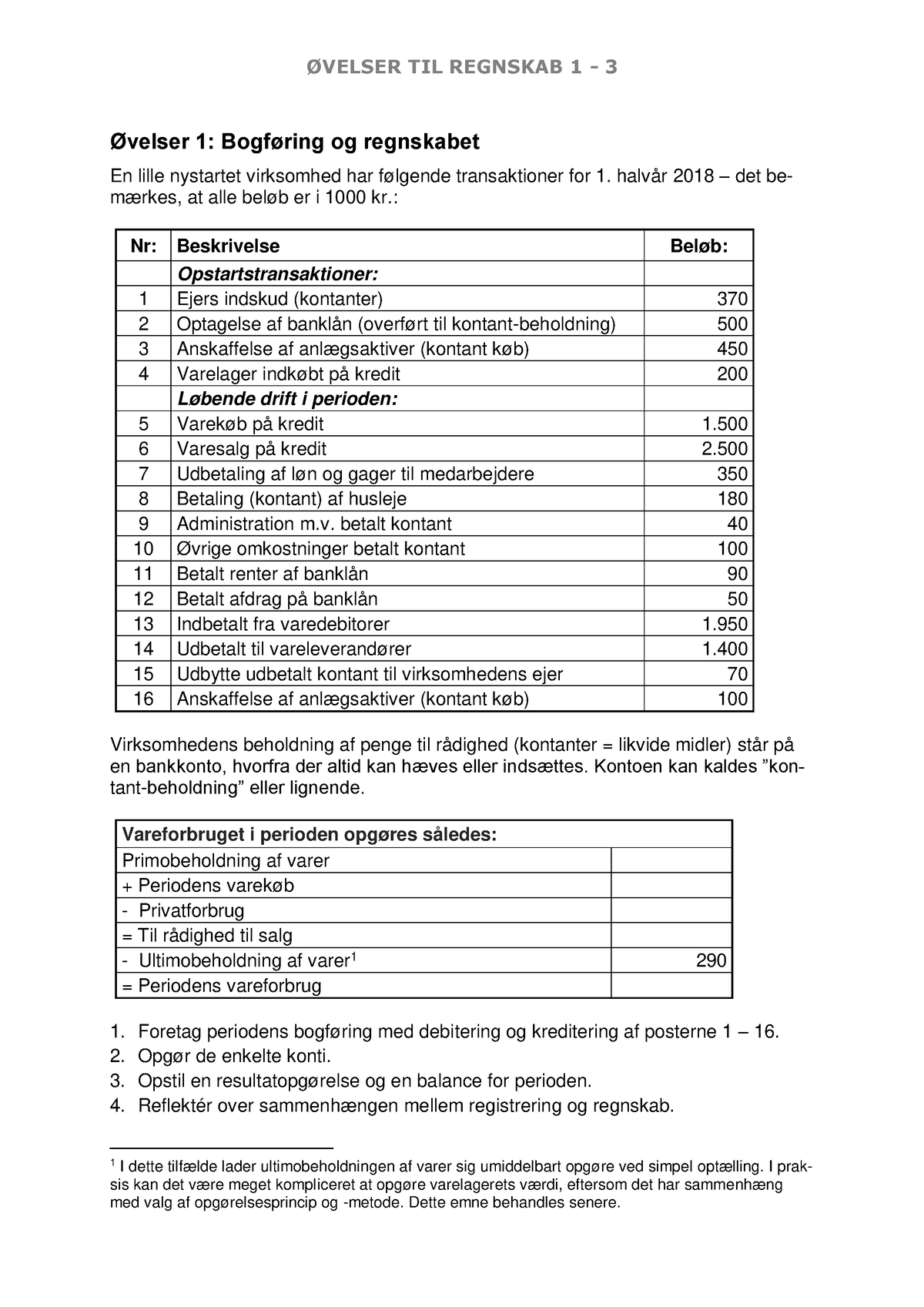 Opgavebeskrivelse - Øvelse 1 - Internt Regnskab - ØVELSER TIL REGNSKAB ...