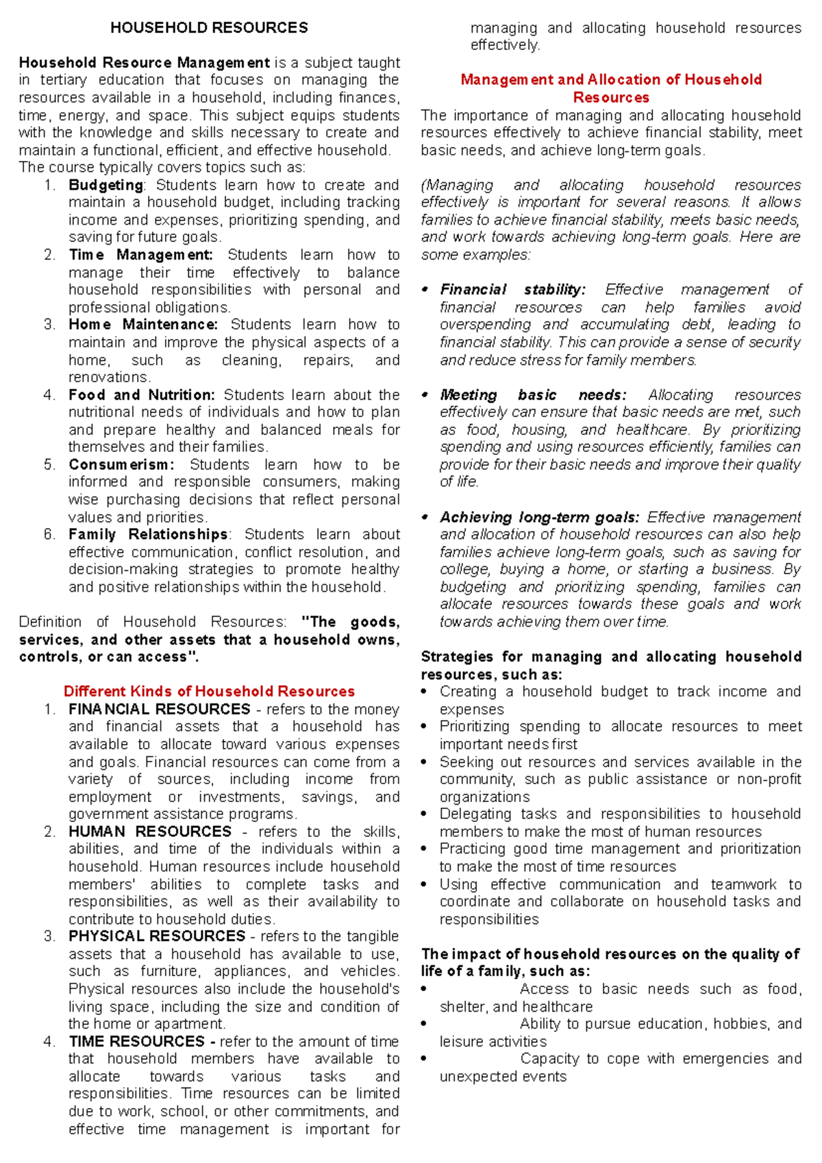 Chapter 1 Household Resources HOUSEHOLD RESOURCES Household Resource