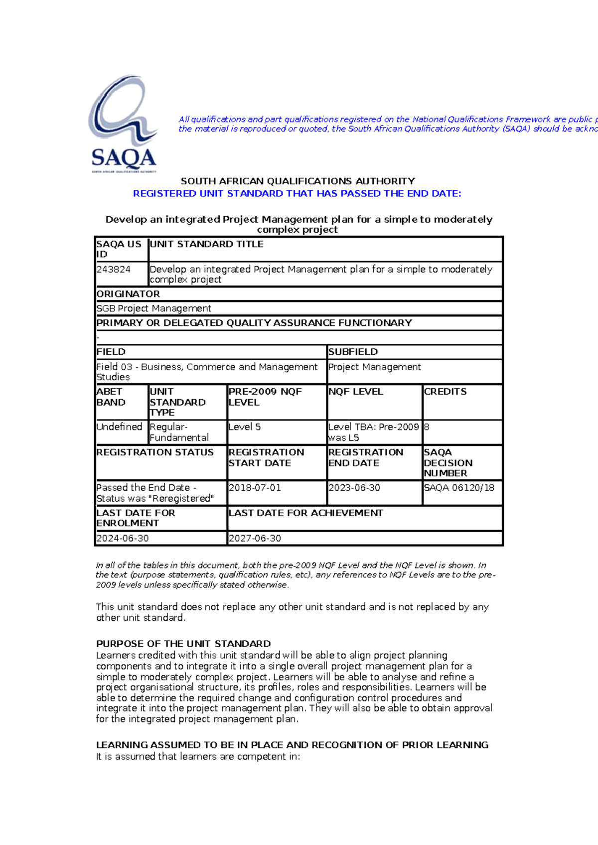 SAQA 243824 Project Management - All qualifications and part ...
