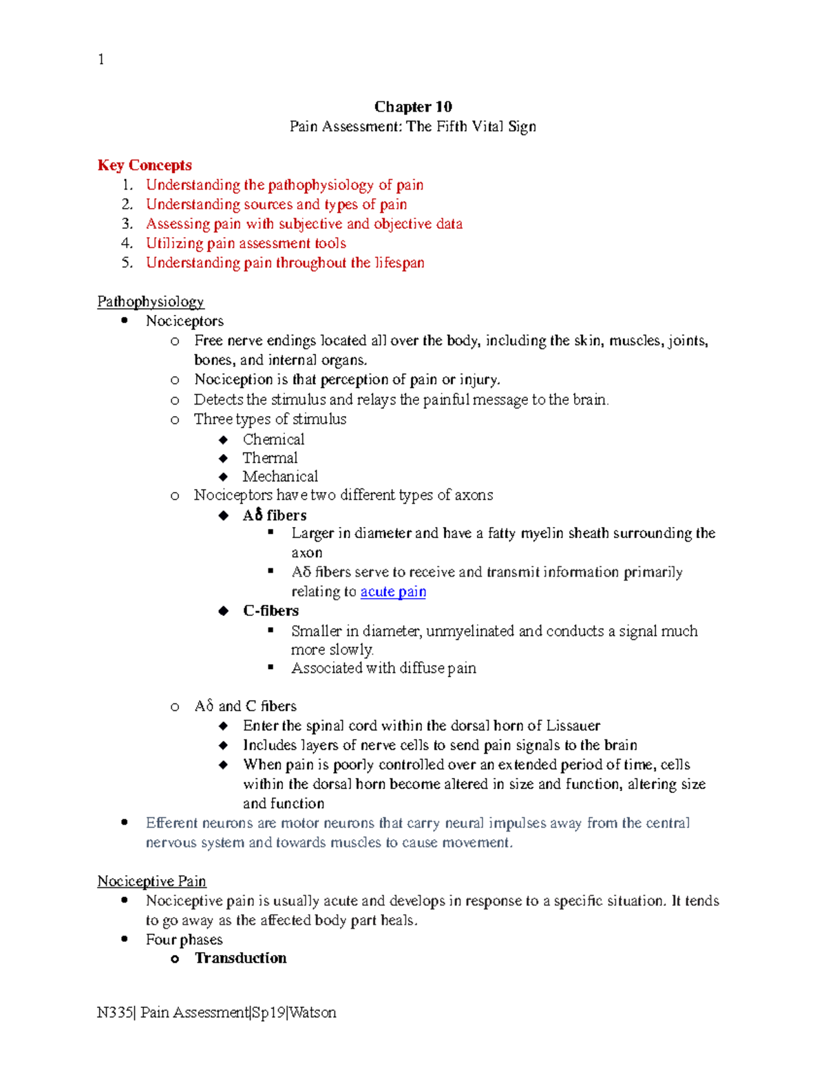 Nurs 335 Chapter 10- Pain Assessment (Sp19) - Chapter 10 Pain ...