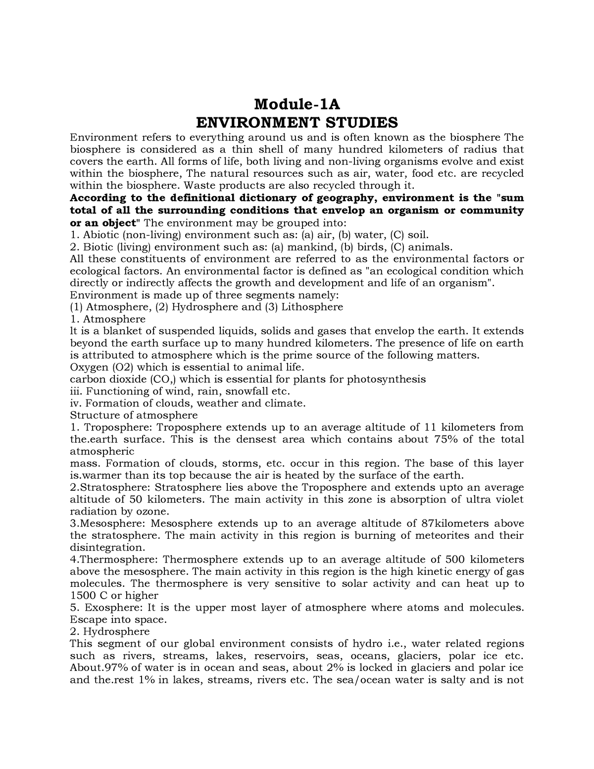 EMHR WISE Notes Module1 Module1A ENVIRONMENT STUDIES Environment