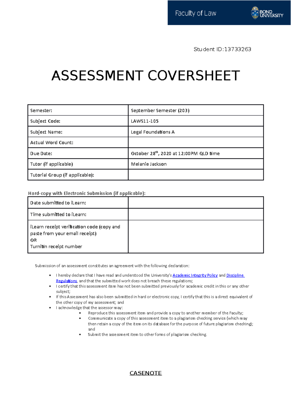 Case Note - fdsfdf - Student ID: ASSESSMENT COVERSHEET Semester ...