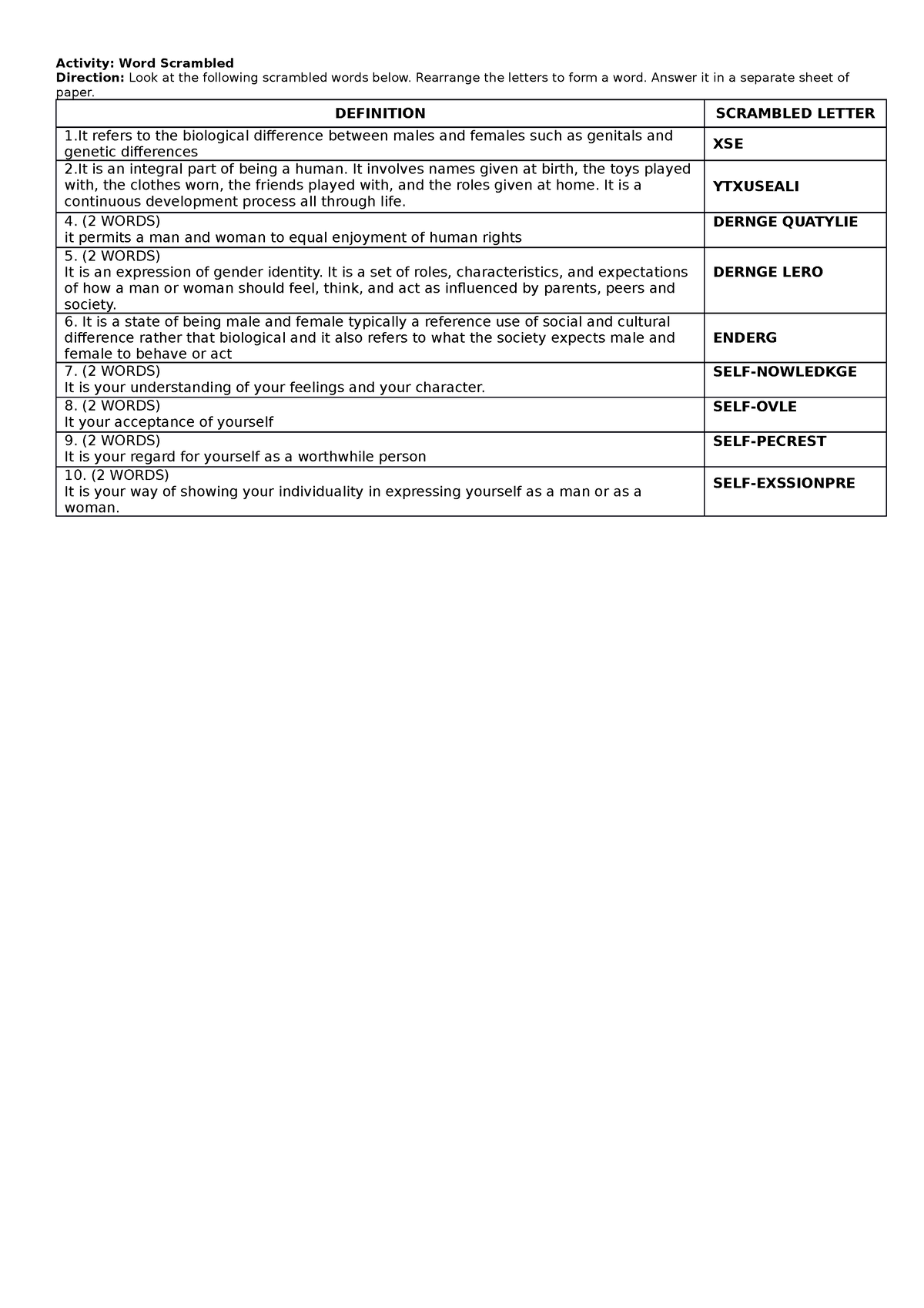 Health - Activity: Word Scrambled Direction: Look at the following ...