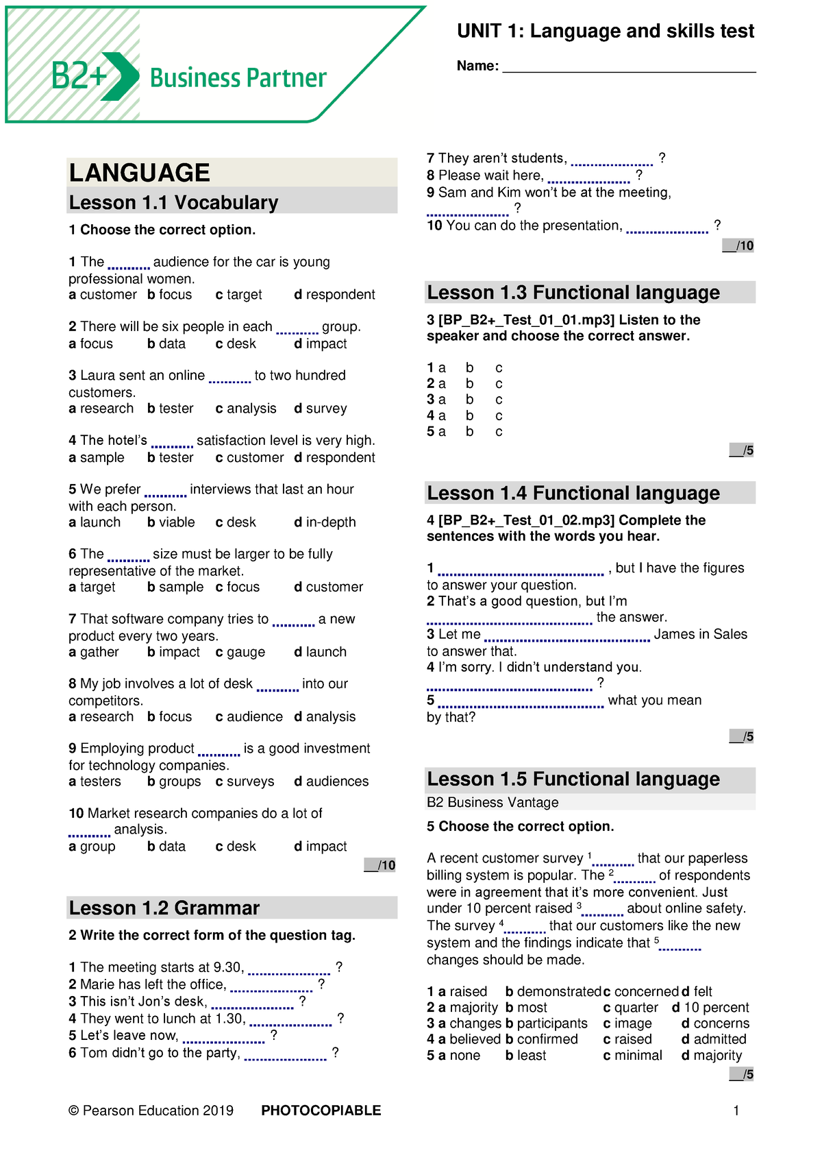 BP B2P Tests Unit 1 - © Pearson Education 2019 PHOTOCOPIABLE 1 UNIT 1 ...