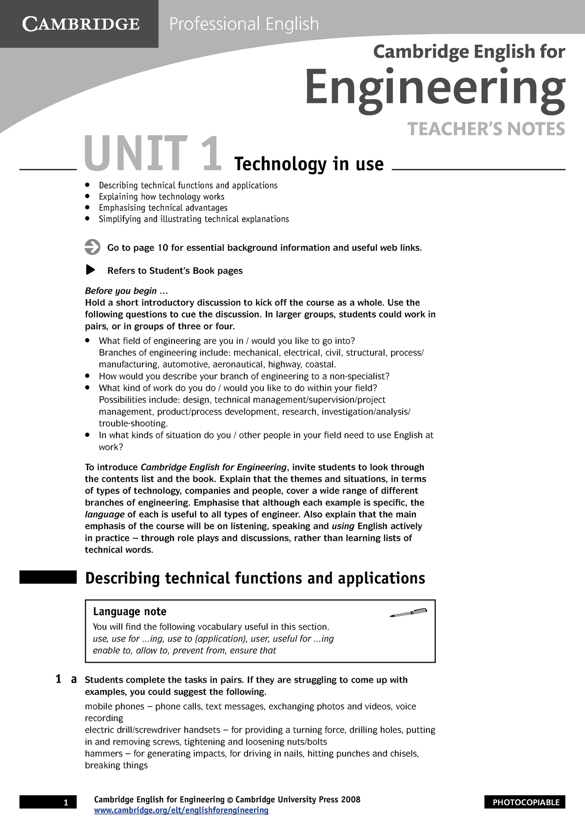 Keys Cambridge English for Engineering Teachers Notes - Go to page 10 for  essential background - Studocu