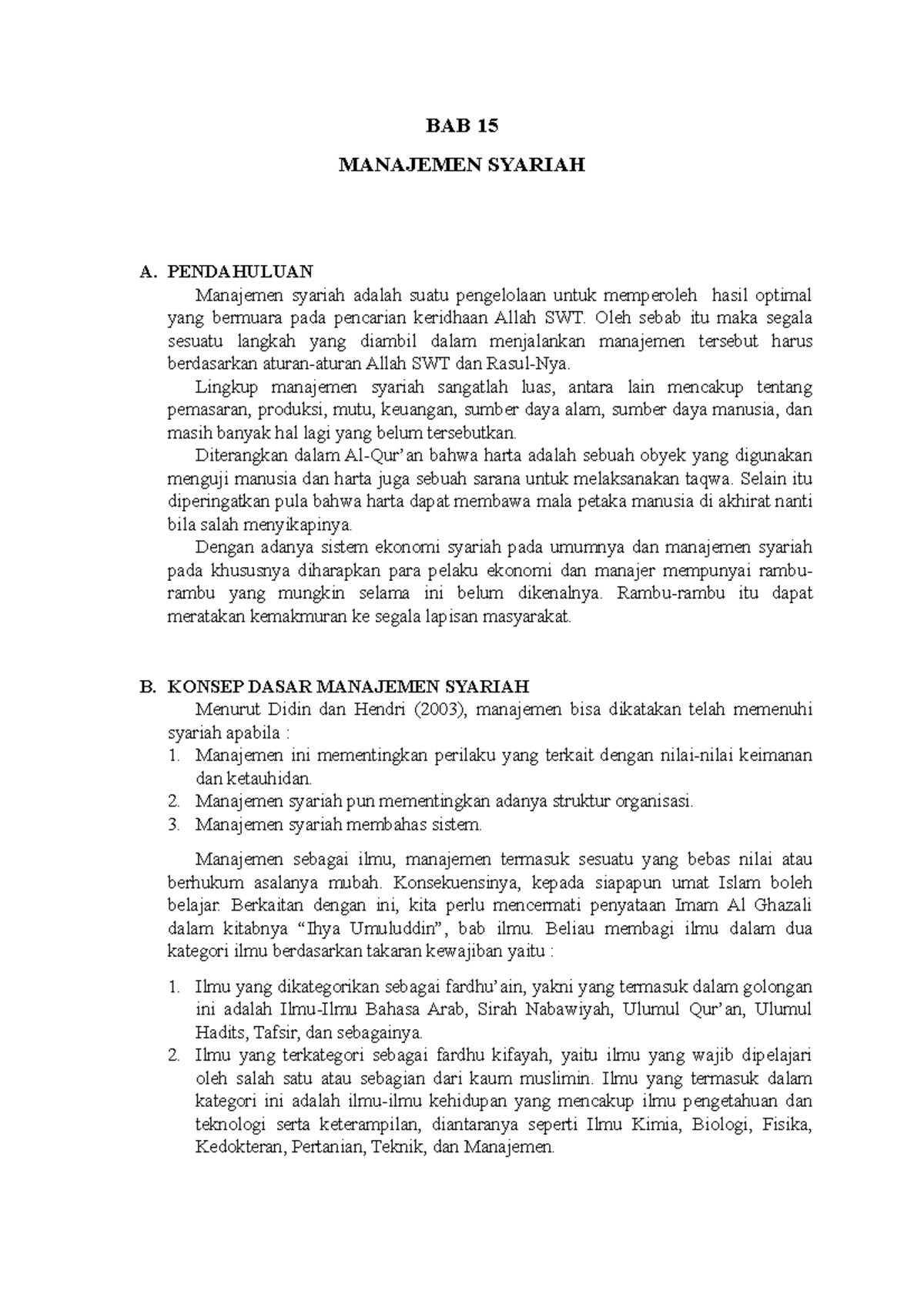 BAB 15 - Manajemen Syariah - BAB 15 MANAJEMEN SYARIAH A. PENDAHULUAN ...